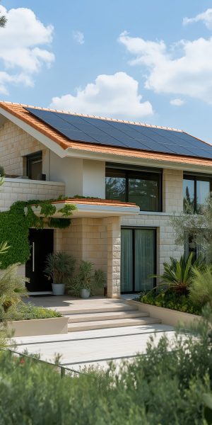 Two-story suburban stone-clad house with rooftop solar panels, I